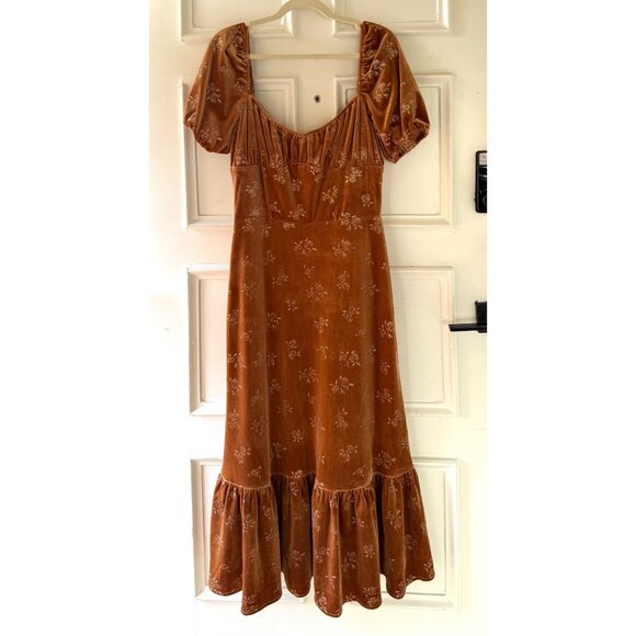 Lait Collection Velvet Dress Size XL Rust Floral Puff Sleeve Ruffle Hem Retro - Picture 16 of 17